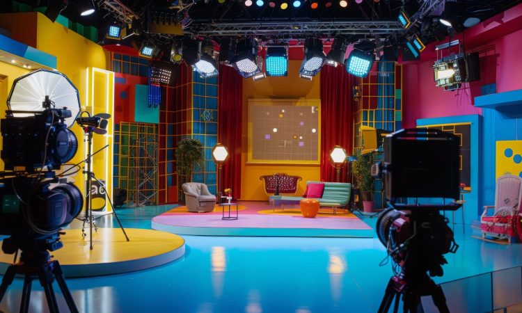 A television studio set with brightly colored furniture and lighting. Two professional cameras are set up to film the scene.