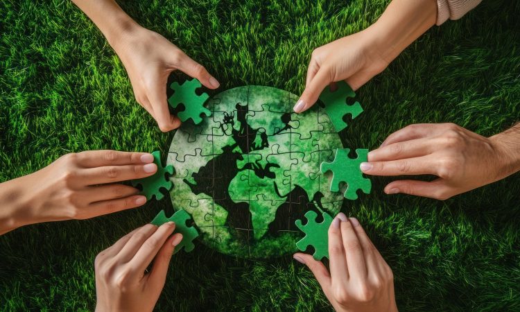 Hands putting together a green puzzle globe on green grass