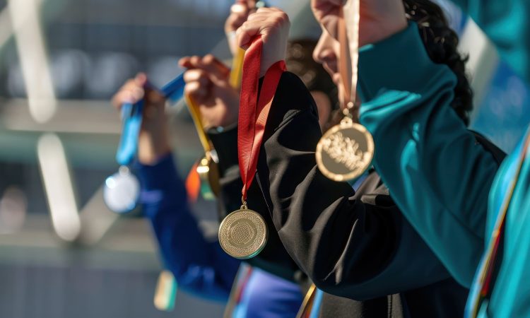 Medals being awarded on an Olympic podium. Stock photo --ar 16:9 --style raw Job ID: 57da4174-6509-40a4-80a3-4543f7bd621f
