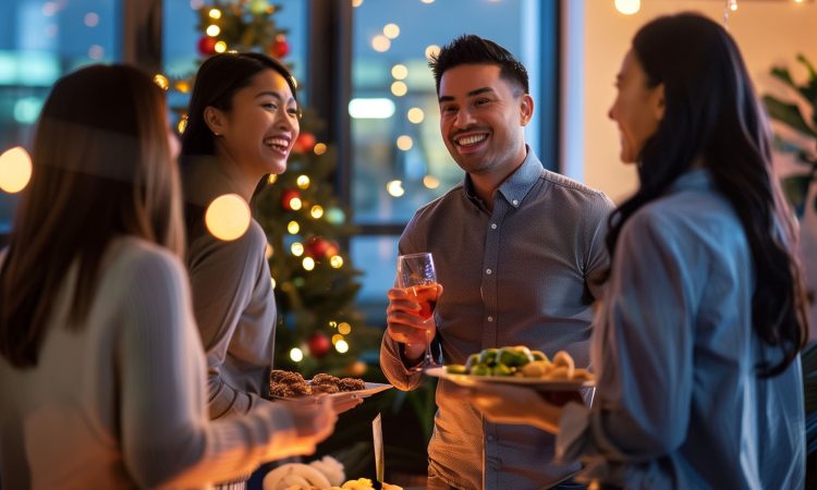 joyful corporate office holiday party with festive decorations and colleagues celebrating together