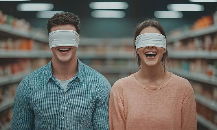 Two laughing individuals with blindfolds in a grocery store aisle, creating a playful and adventurous atmosphere.