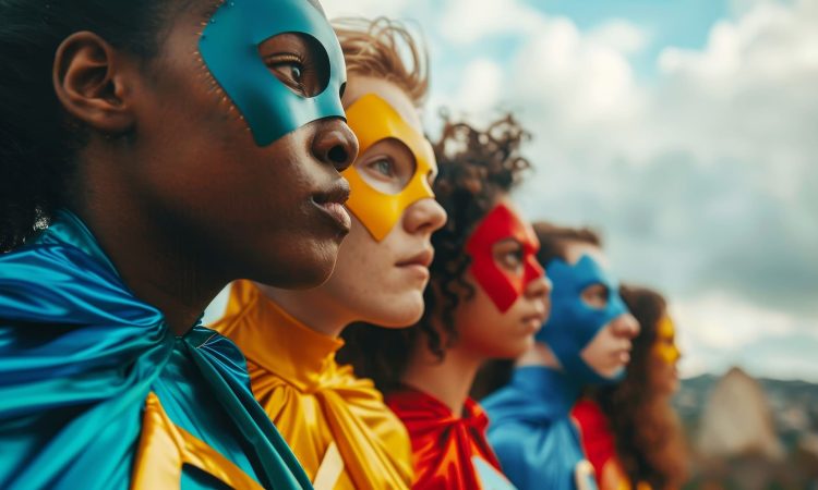 A line of young adults wearing vibrant superhero costumes stands side by side, each showcasing a powerful expression and colorful mask against an outdoor backdrop.