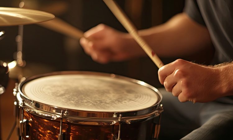 Close-up of a drummer's hands hitting a snare drum with drumsticks