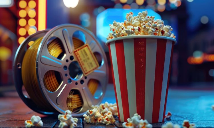 A bucket of popcorn sitting next to a vintage movie reel, perfect for a film enthusiast or movie night.